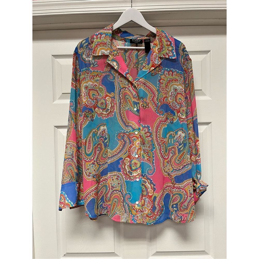 Studio by Liz Claiborne Pink & Blue Paisley Sheer Blouse sz 20W EUC